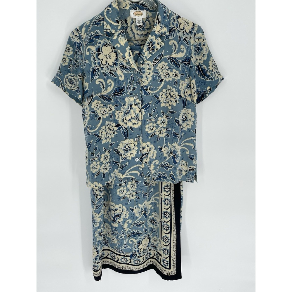 Talbots Woman Size 8 100% Silk Wrap Skirt Blouse Top Outfit Set Blue Floral